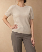 Short-Sleeve Eyelet Pullover in Cashmere, Beige, front view