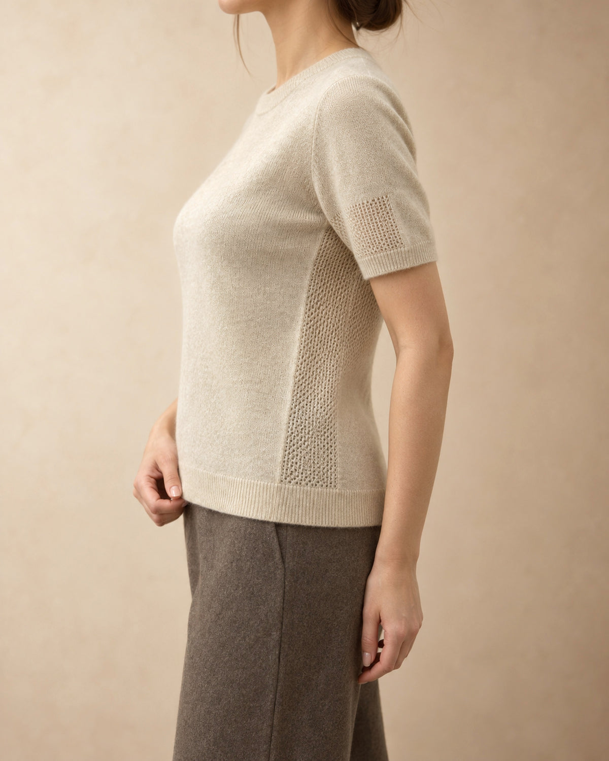 Short-Sleeve Eyelet Pullover in Cashmere, Beige, side view