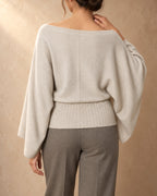 Boat-Neck Batwing Pullover in Cashmere, Beige, back view