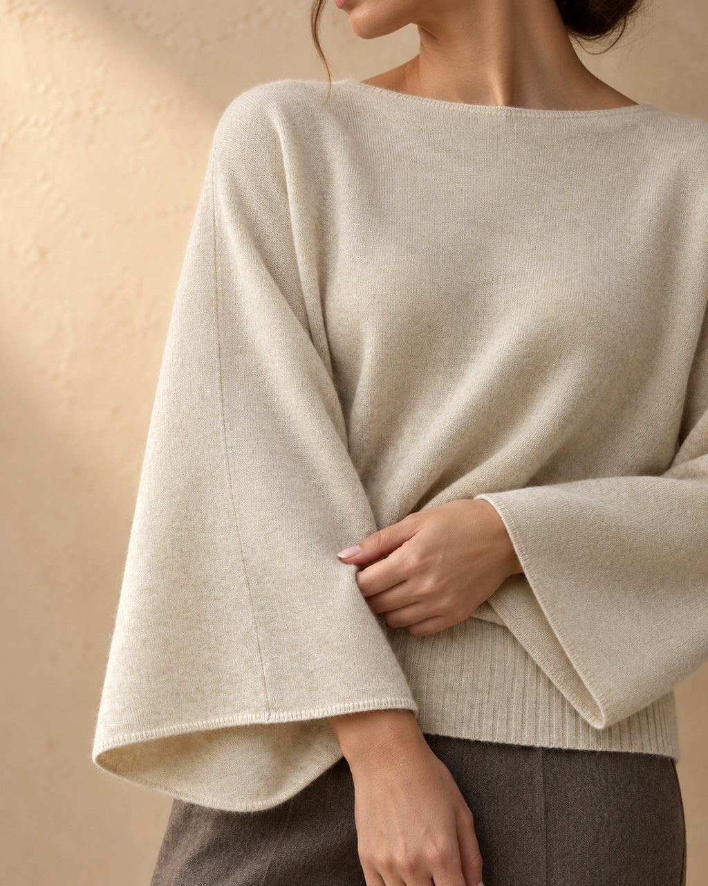 Boat-Neck Batwing Pullover in Cashmere, Beige, detail view