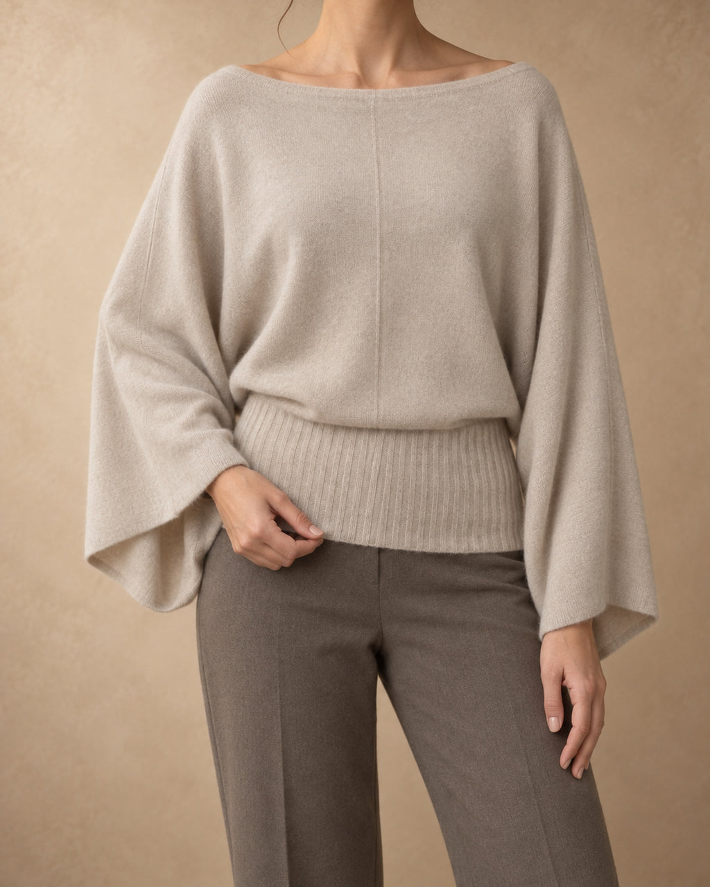 Boat-Neck Batwing Pullover in Cashmere, Beige, front view