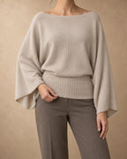Boat-Neck Batwing Pullover in Cashmere, Beige, front view