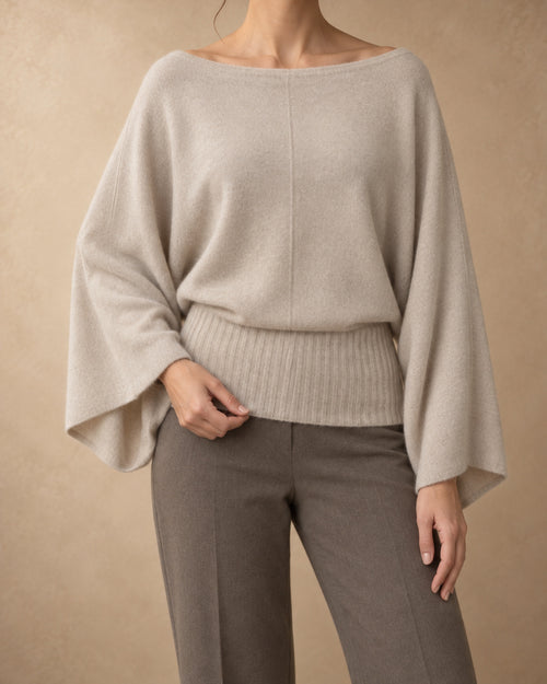 Boat-Neck Batwing Pullover in Cashmere, Beige, front view