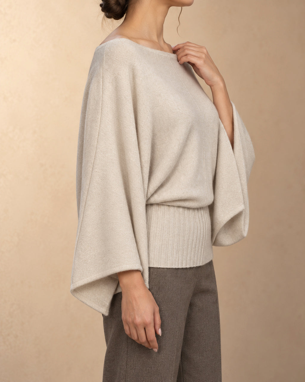 Boat-Neck Batwing Pullover in Cashmere, Beige, side view