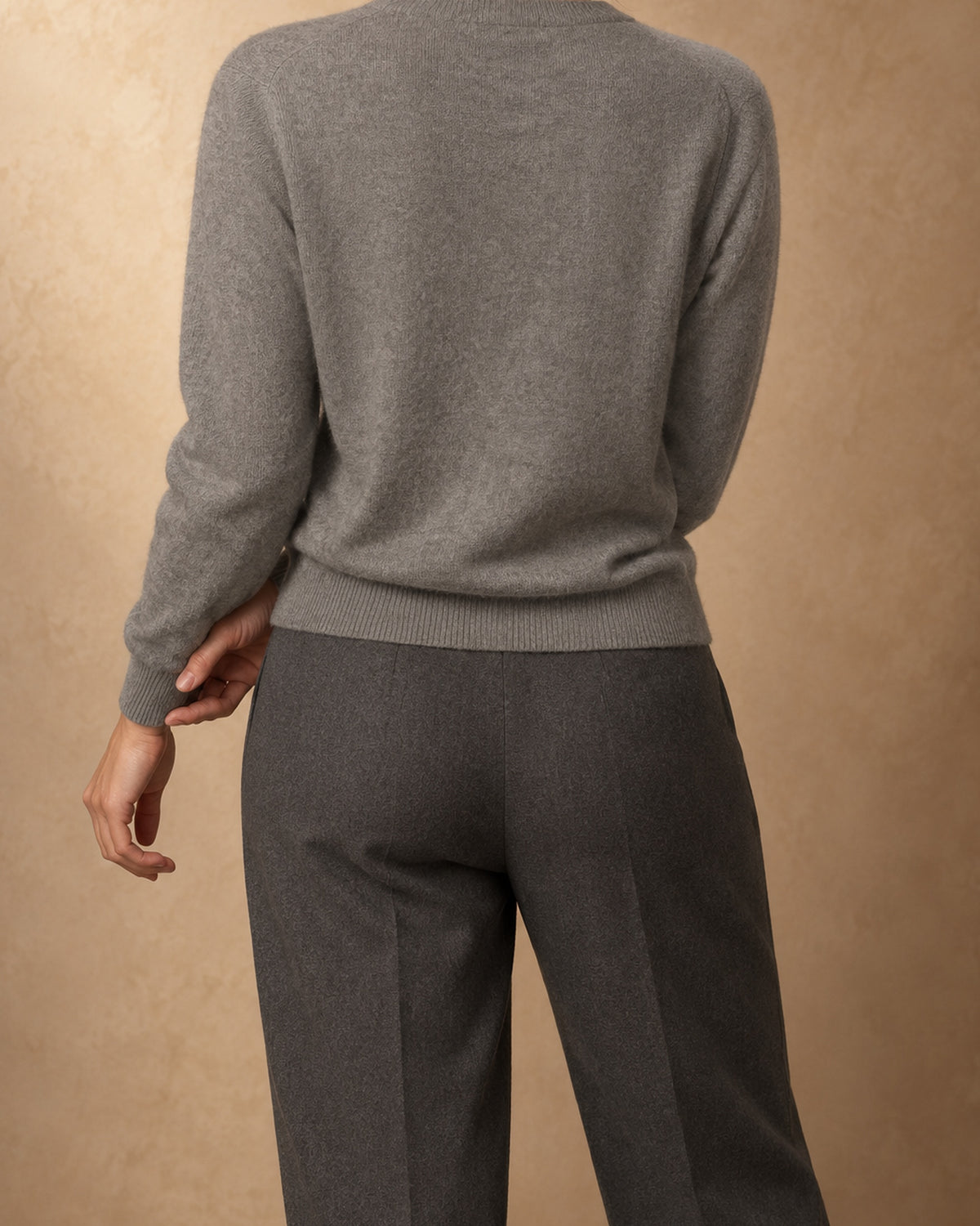 V-Neck Button Cardigan in Cashmere, Grey, back view