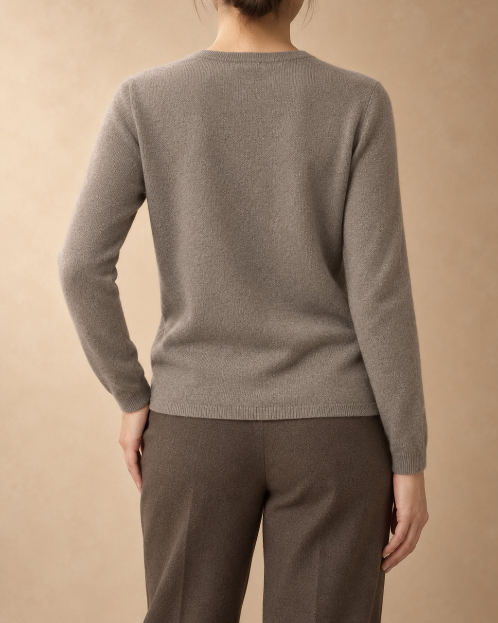 Round-Neck Button Cardigan with Pockets in Cashmere, Grey, back view