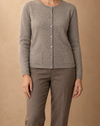 Round-Neck Button Cardigan with Pockets in Cashmere, Grey, front view