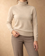 Roll-Neck Jumper in Cashmere, Beige, front view