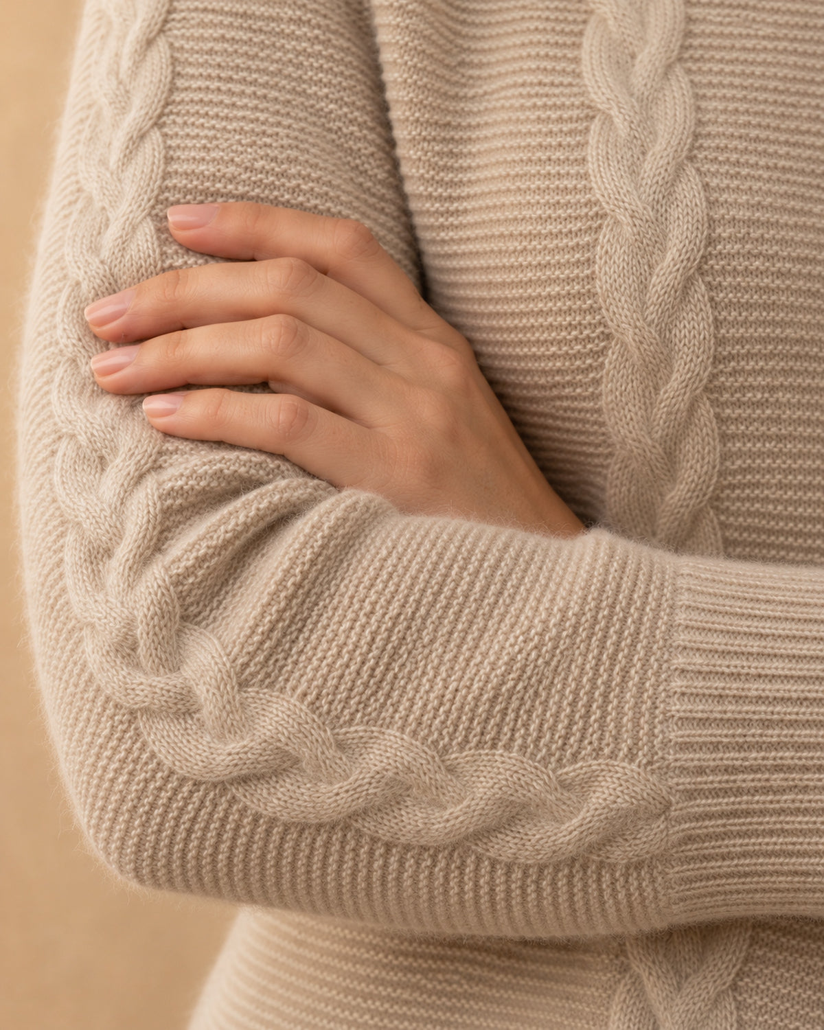 Cable Jumper in Cashmere, Beige, detail view