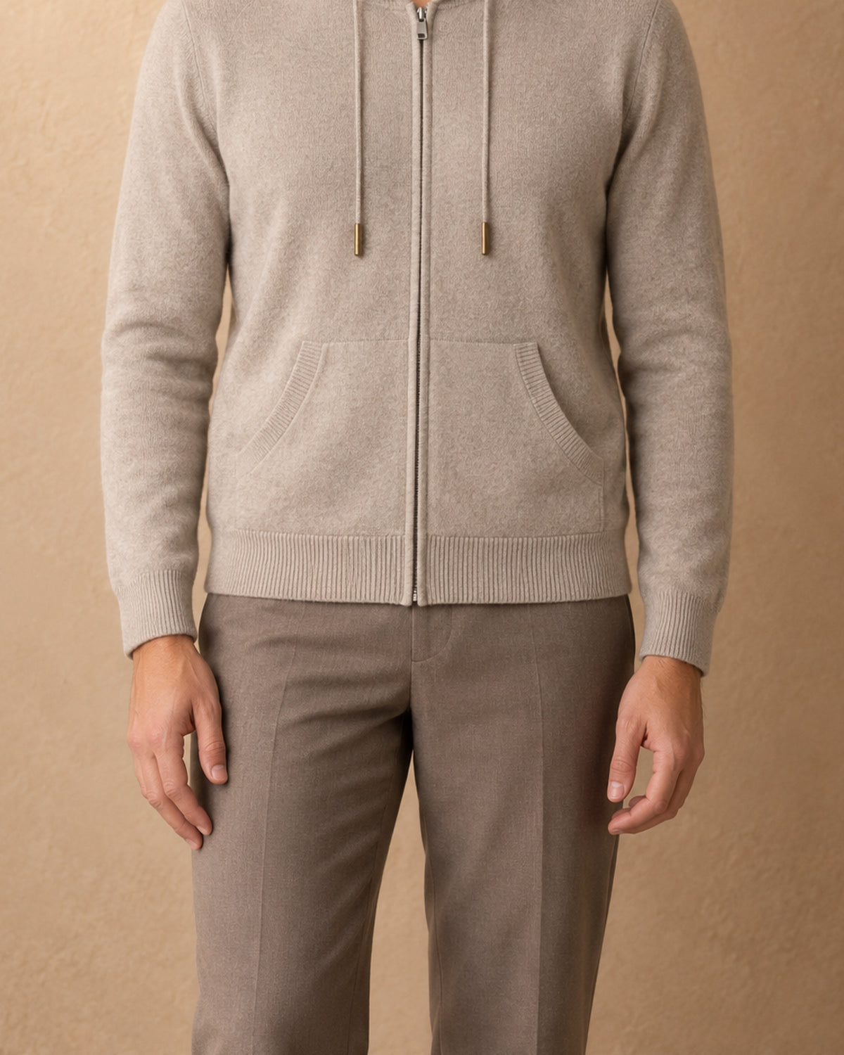 Men's Zip Hoodie in Cashmere, Beige, front view