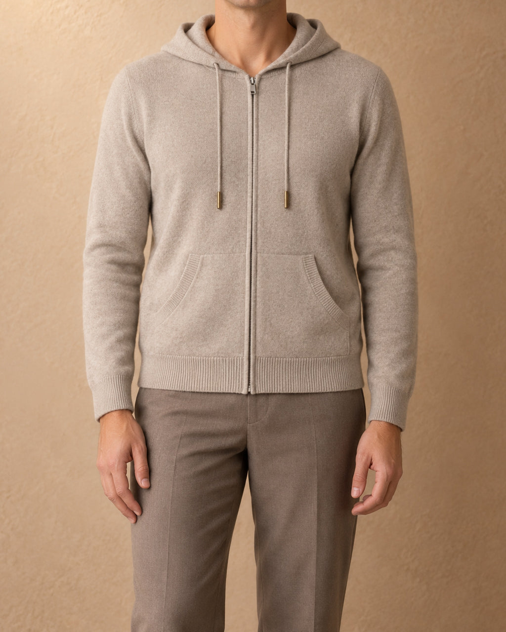 Ibex Cashmere Zip Hoodie, Beige, front view