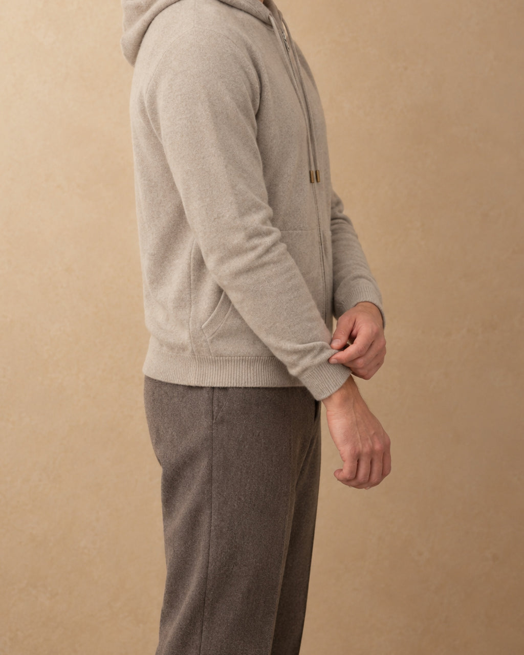 Men's Zip Hoodie in Cashmere, Beige, side view