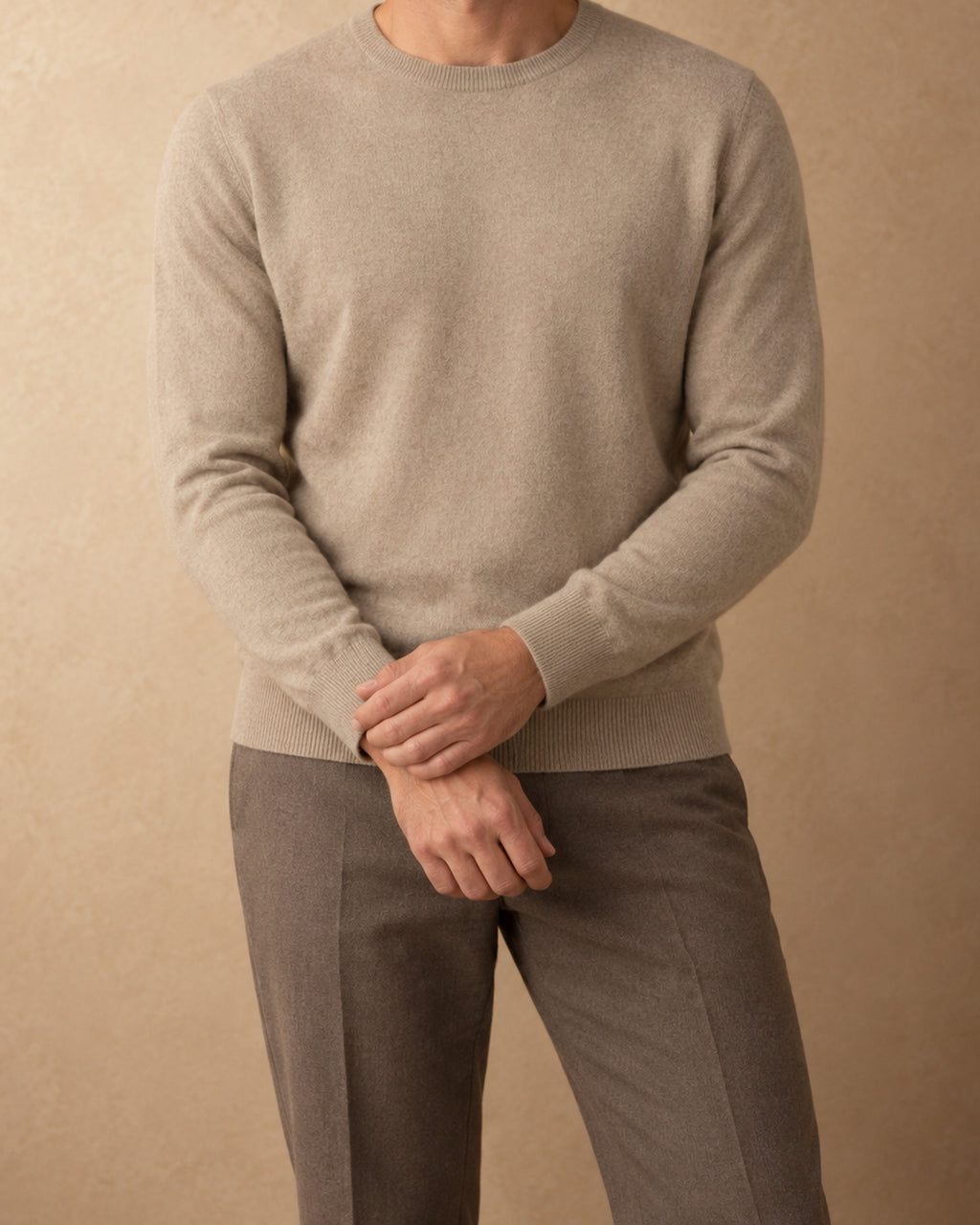 Men's Fine Crew-Neck Pullover in Cashmere, Beige, front view