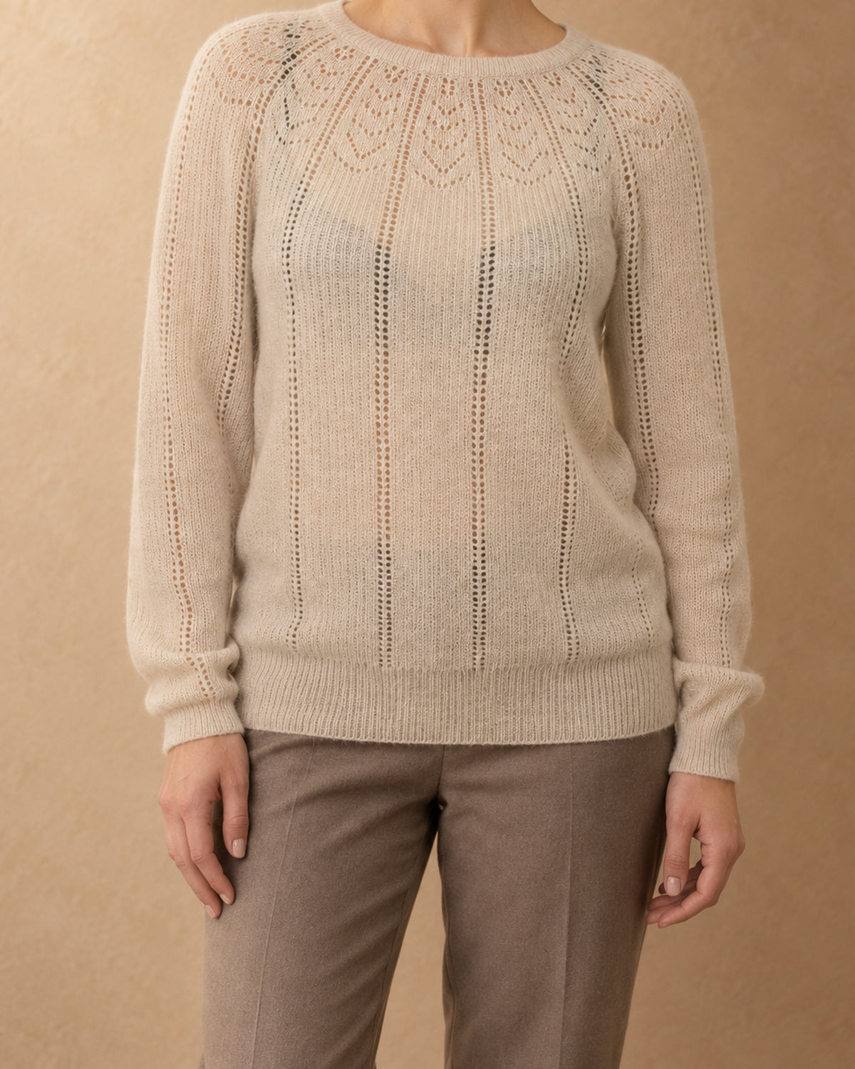 Openwork Yoke Pullover in Cashmere, Beige, front view