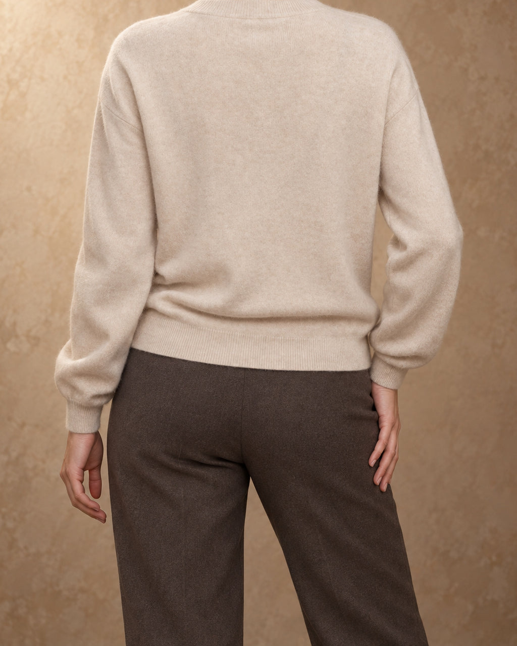 Overlap-Neck Pullover in Cashmere, Beige, back view