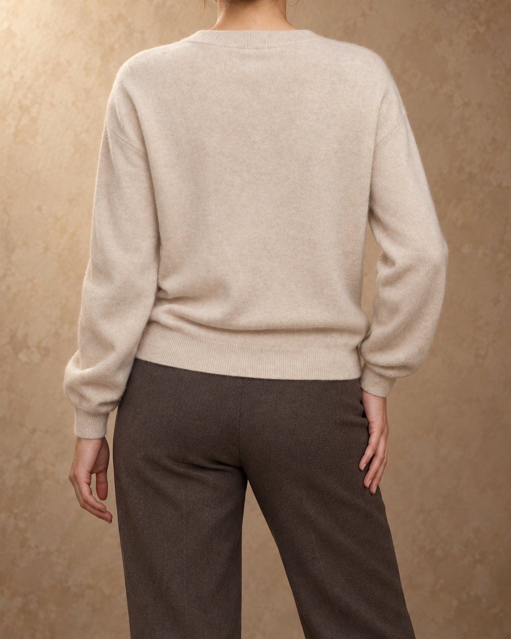 Zavkhan Cashmere Crossover-Neck Sweater, Beige, back view