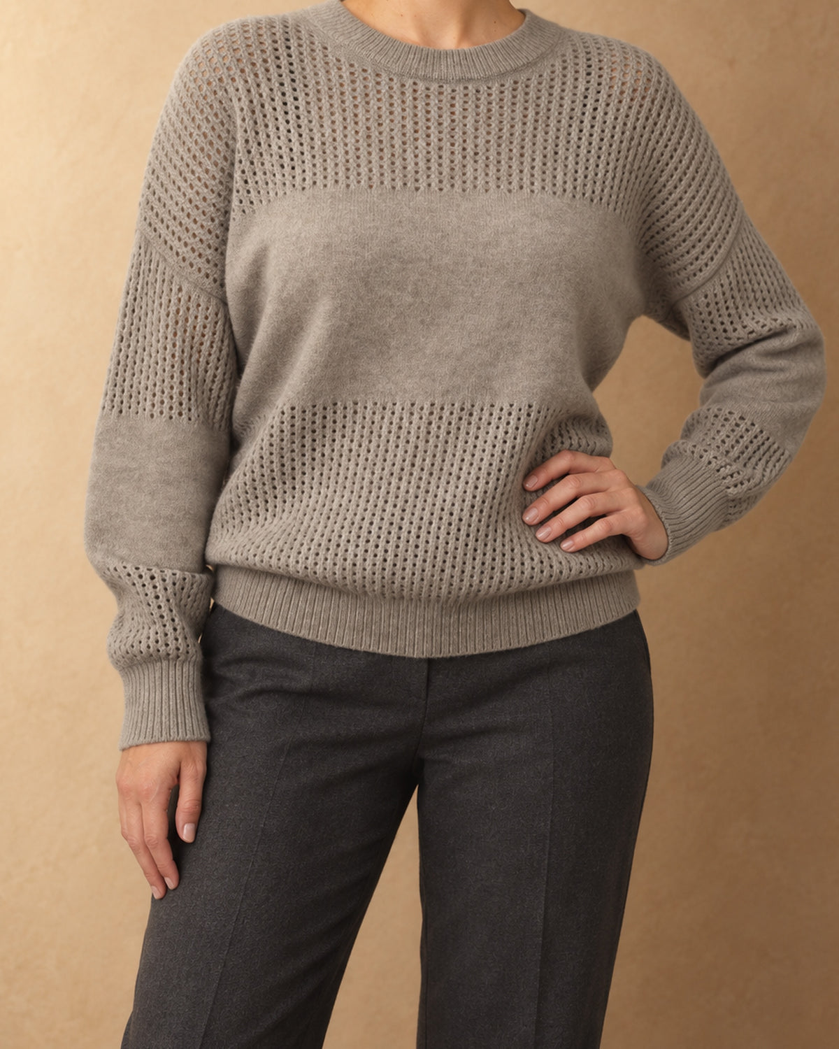 Openwork Panel Pullover in Cashmere, Grey, front view