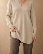 Long V-Neck Tunic Jumper in Cashmere, Beige, front view