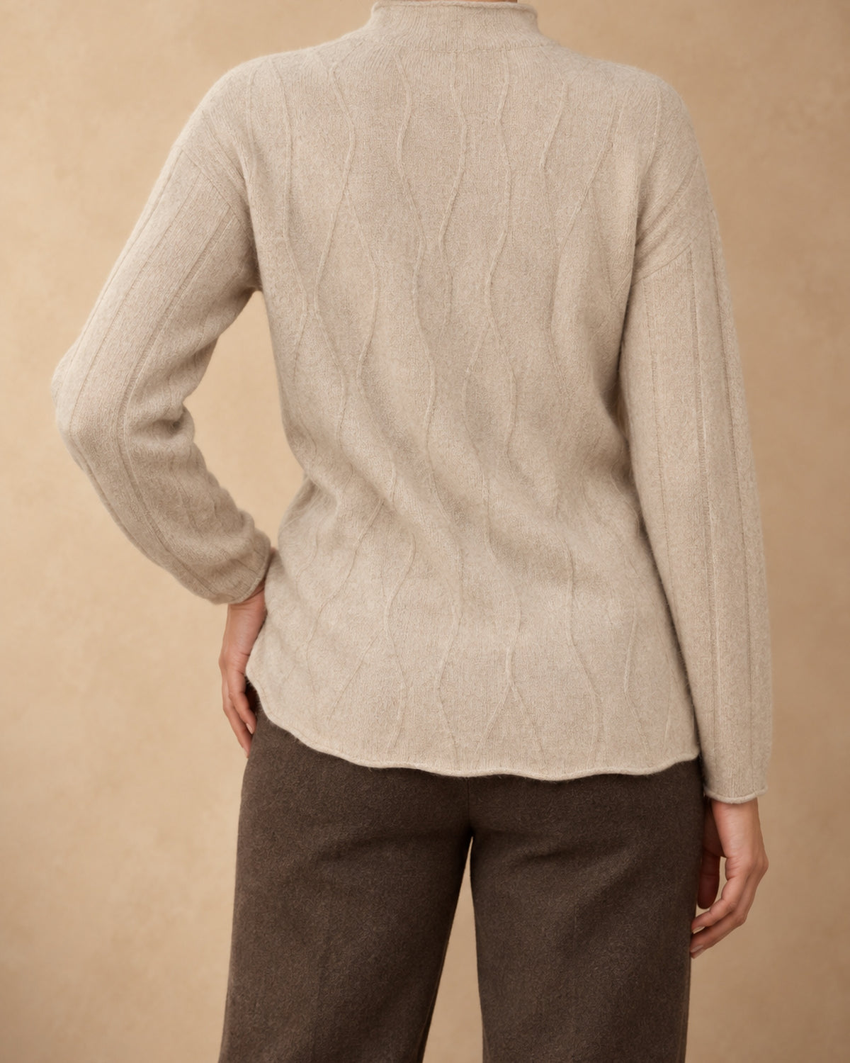 Oak Cashmere Diamond-Knit Mock-Neck Sweater, Beige, back view