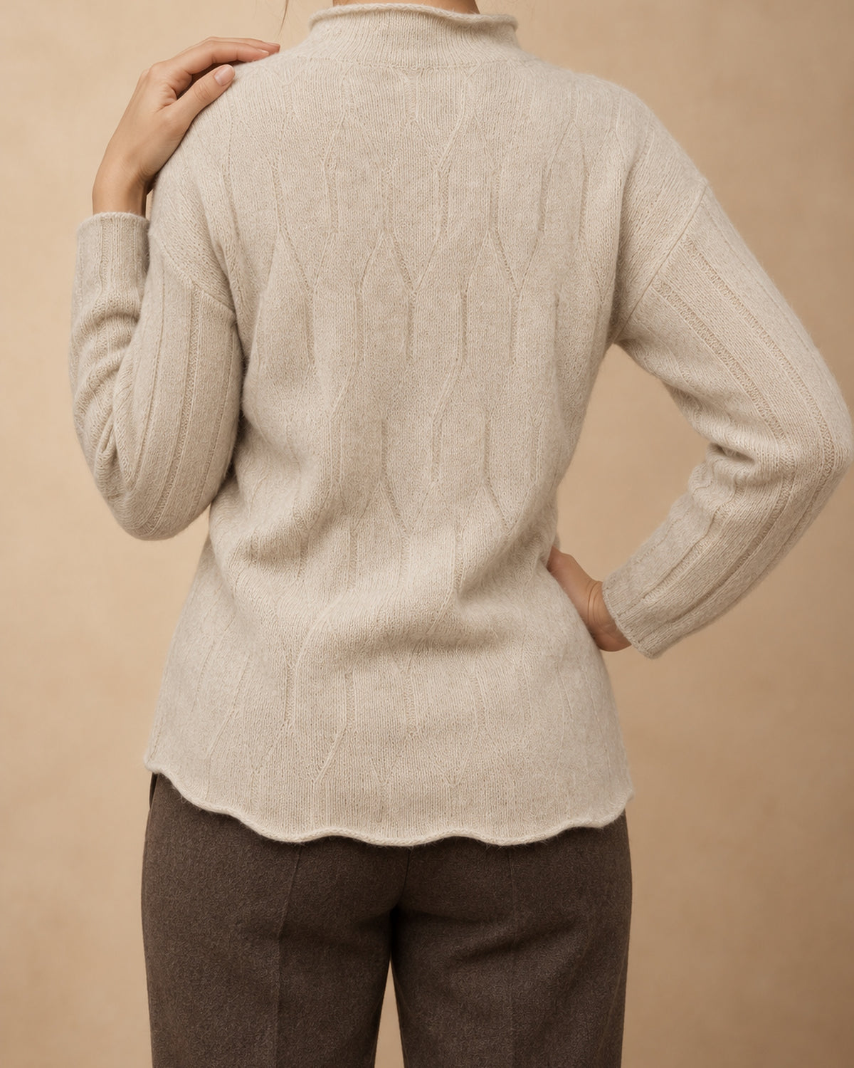 Oak Cashmere Diamond-Knit Mock-Neck Sweater, Beige, detail view