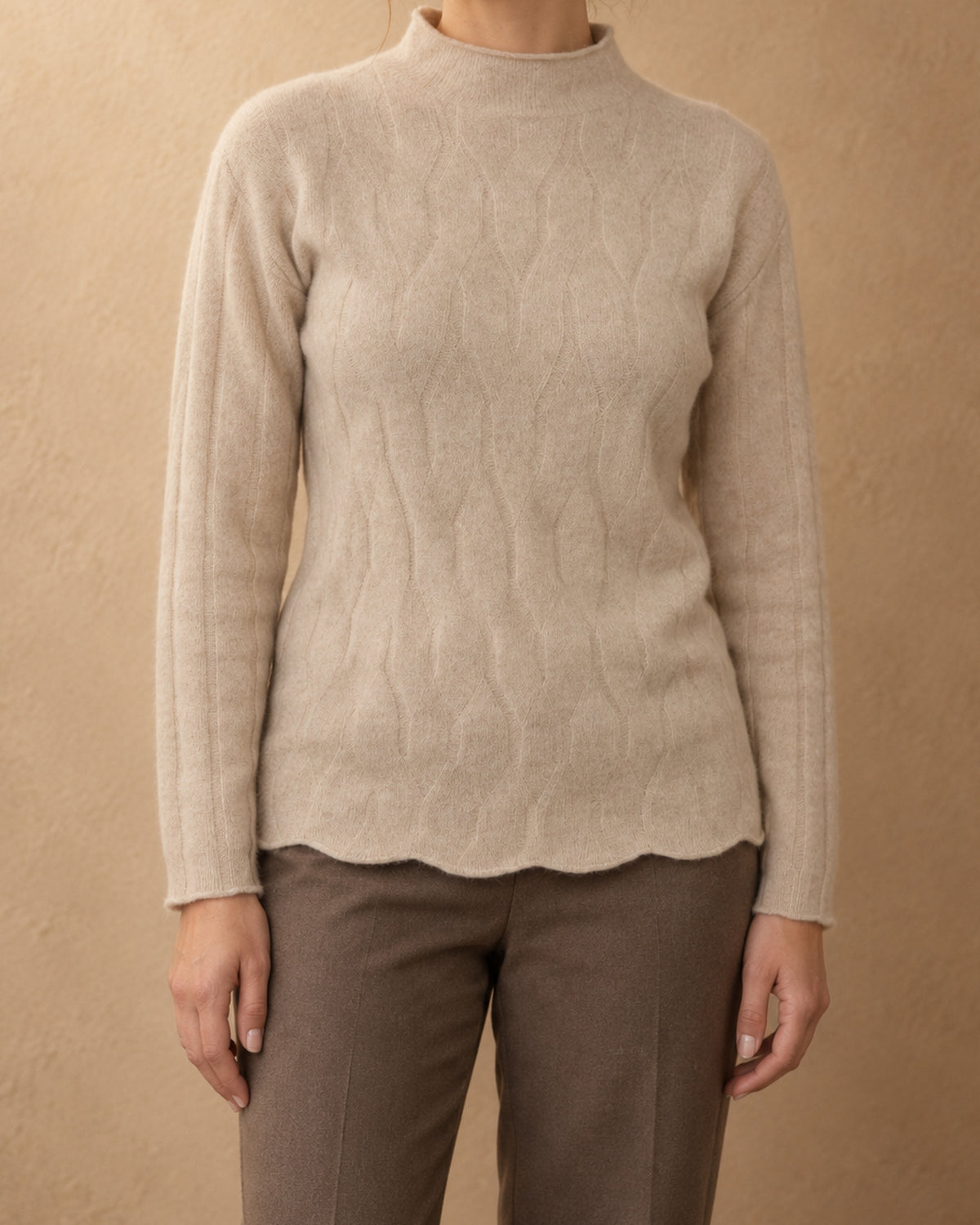Oak Cashmere Diamond-Knit Mock-Neck Sweater, Beige, front view