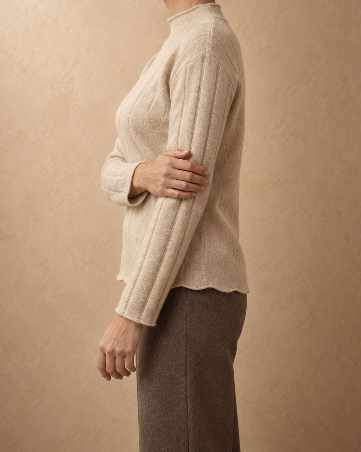 Oak Cashmere Diamond-Knit Mock-Neck Sweater, Beige, side view