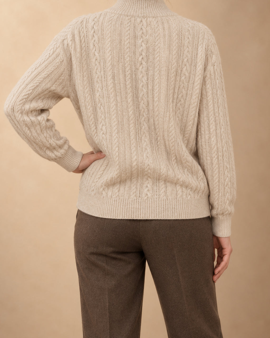 Chestnut Cashmere Cable-Knit Zip Sweater, Beige, back view