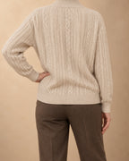 Chestnut Cashmere Cable-Knit Zip Sweater, Beige, back view