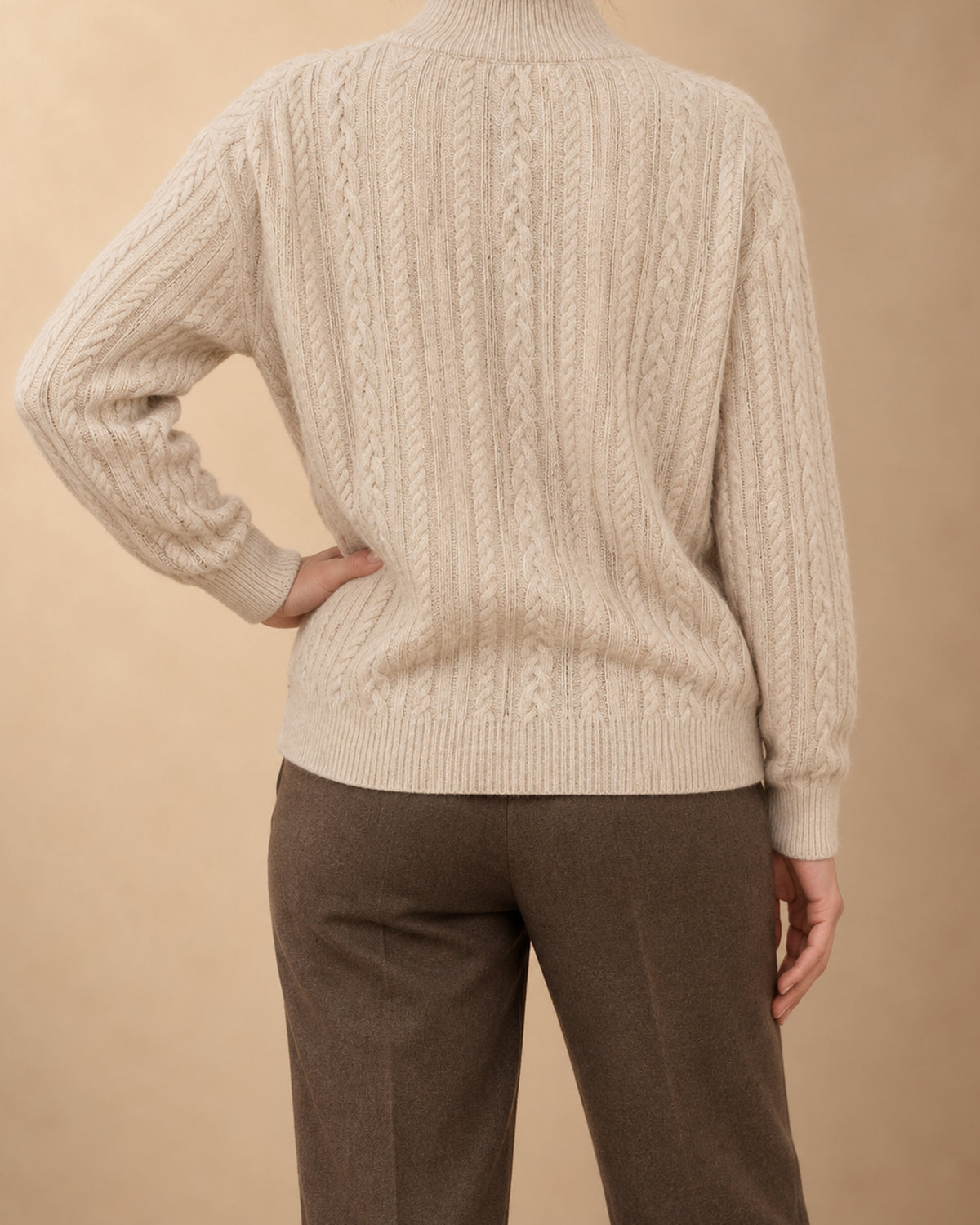 Chestnut Cashmere Cable-Knit Zip Sweater, Beige, back view