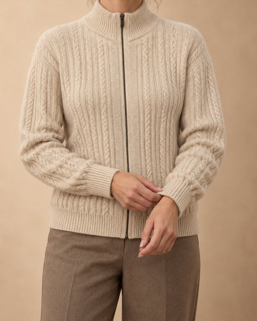 Chestnut Cashmere Cable-Knit Zip Sweater, Beige, detail view