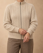 Chestnut Cashmere Cable-Knit Zip Sweater, Beige, detail view