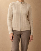 Chestnut Cashmere Cable-Knit Zip Sweater, Beige, front view