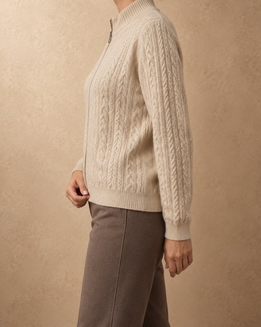 Chestnut Cashmere Cable-Knit Zip Sweater, Beige, side view