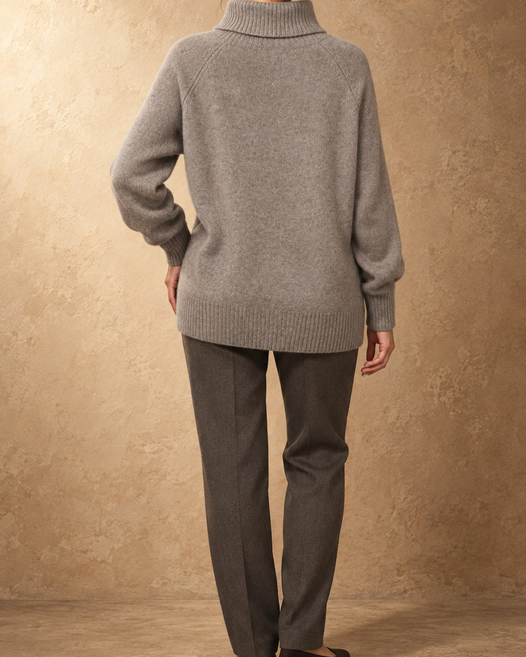 Roll-Neck Raglan Jumper in Cashmere, Beige, back view
