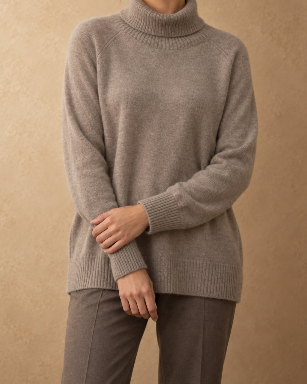 Roll-Neck Raglan Jumper in Cashmere, Beige, front view