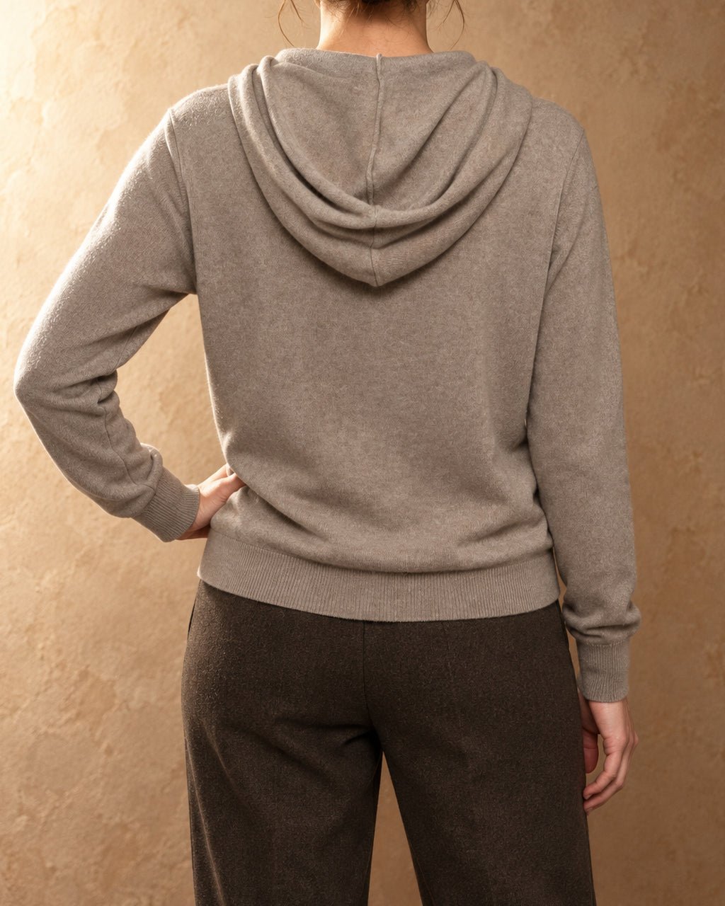 Pika Cashmere Zip Hoodie, Beige, back view