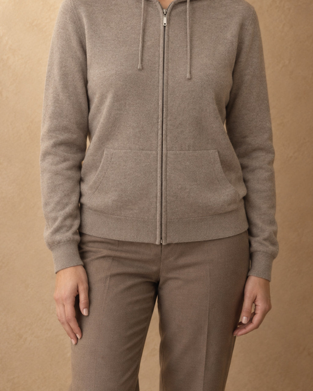 Zip Hoodie in Cashmere, Drawcords, Beige, front view