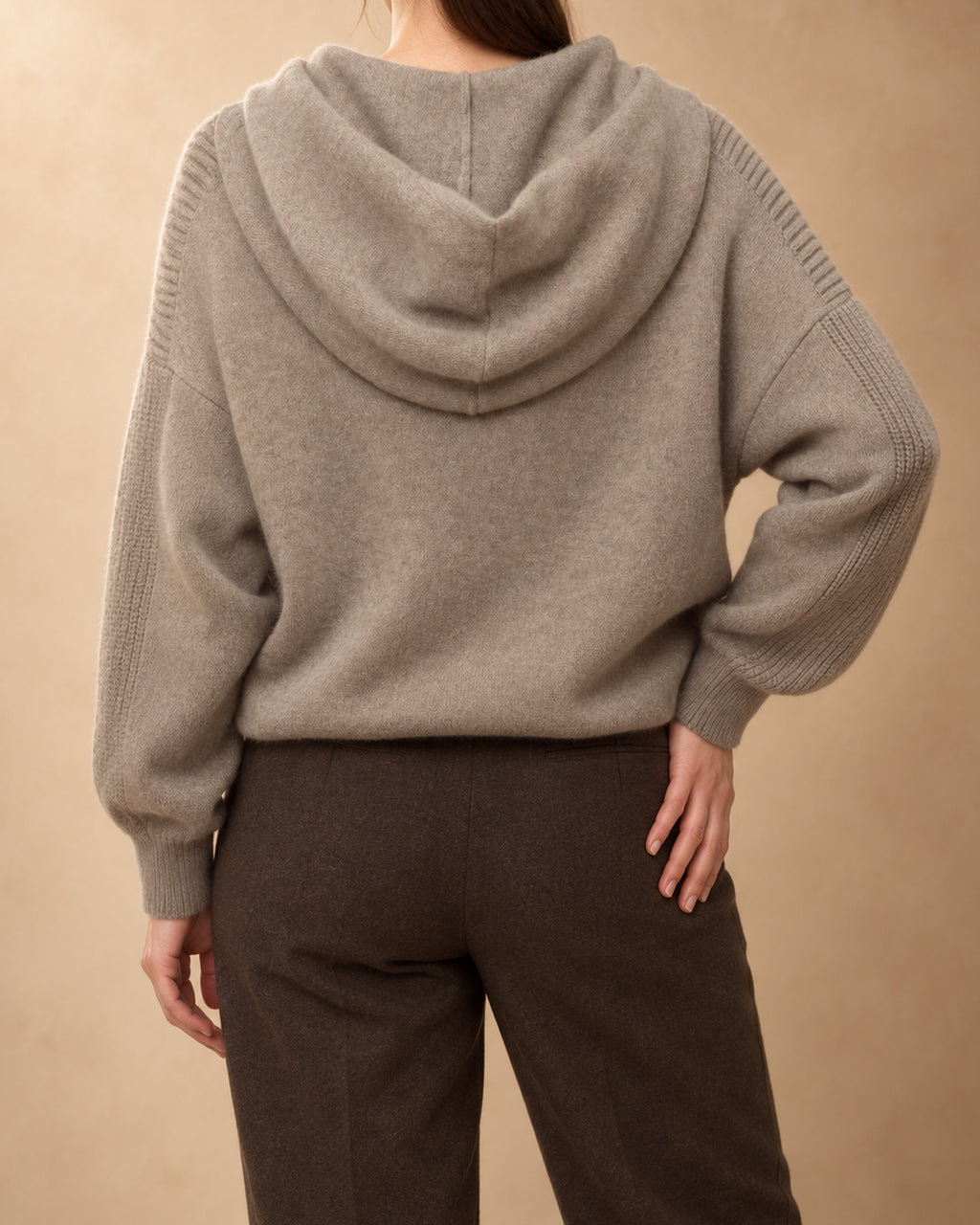 Corsac Cashmere Half-Zip Hoodie, Grey-beige, back view