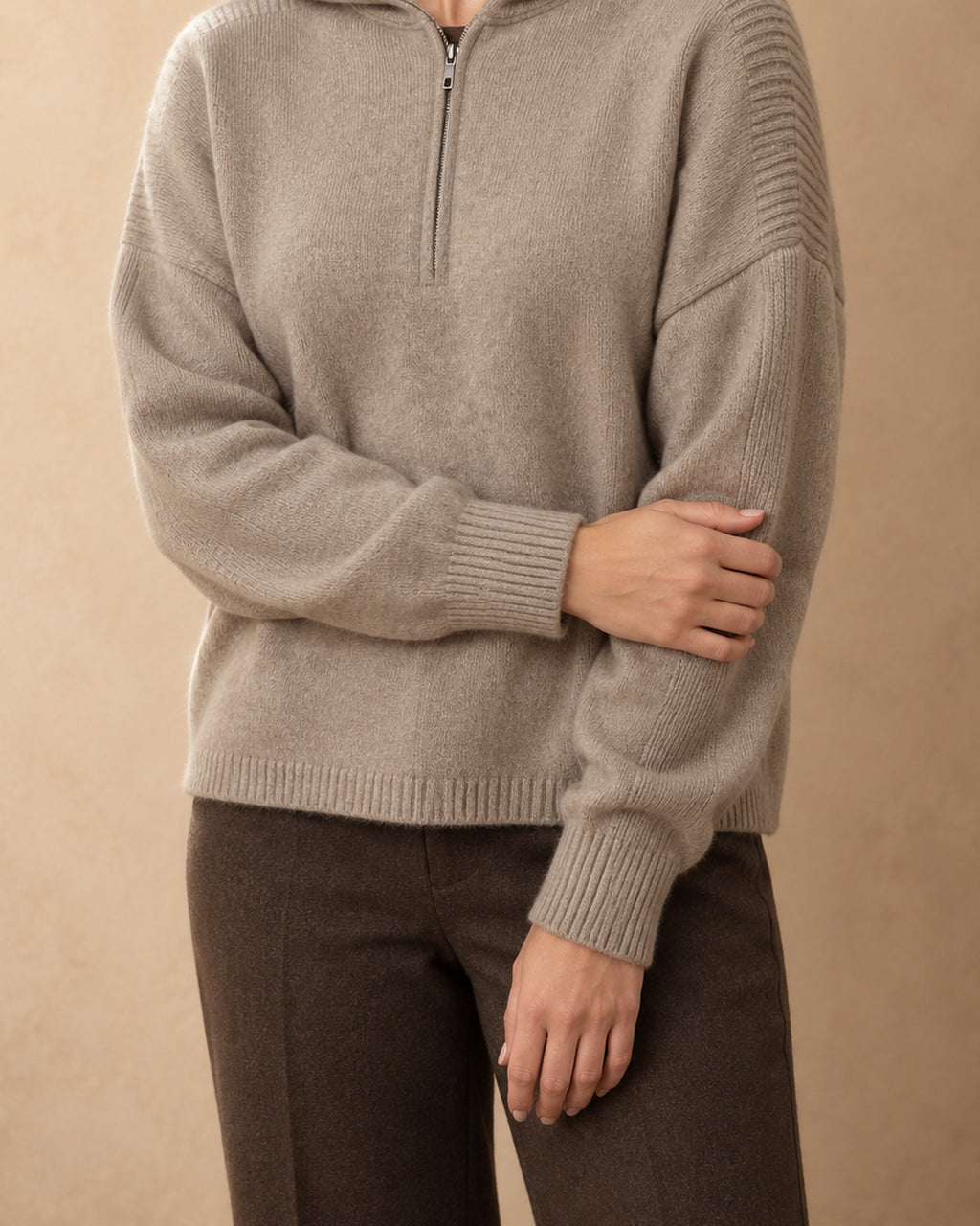 Corsac Cashmere Half-Zip Hoodie, Grey-beige, detail view
