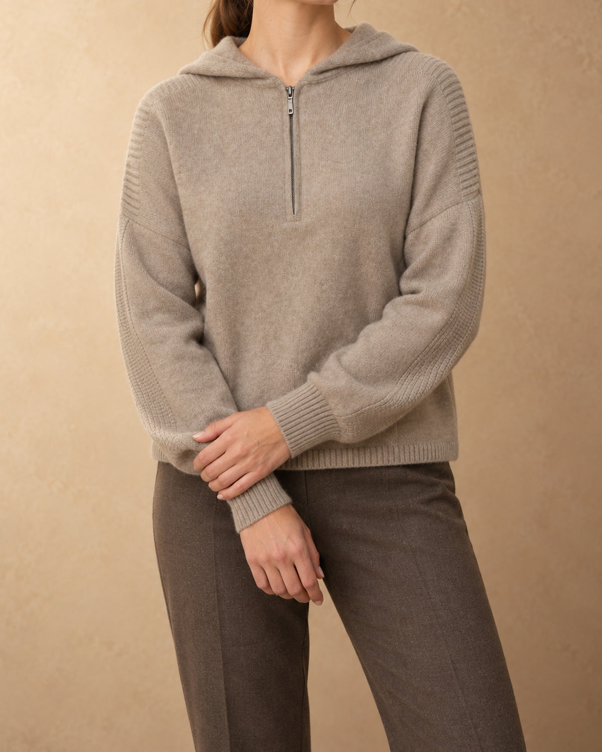 Corsac Cashmere Half-Zip Hoodie, Grey-beige, front view