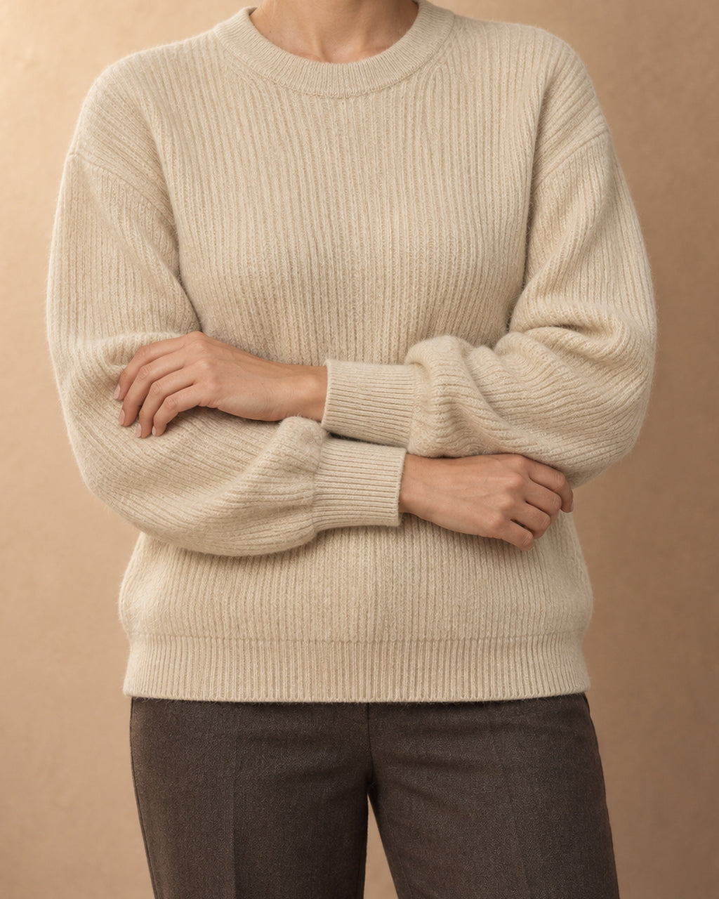 Ash Cashmere Ribbed Crew-Neck Sweater, Beige, detail view