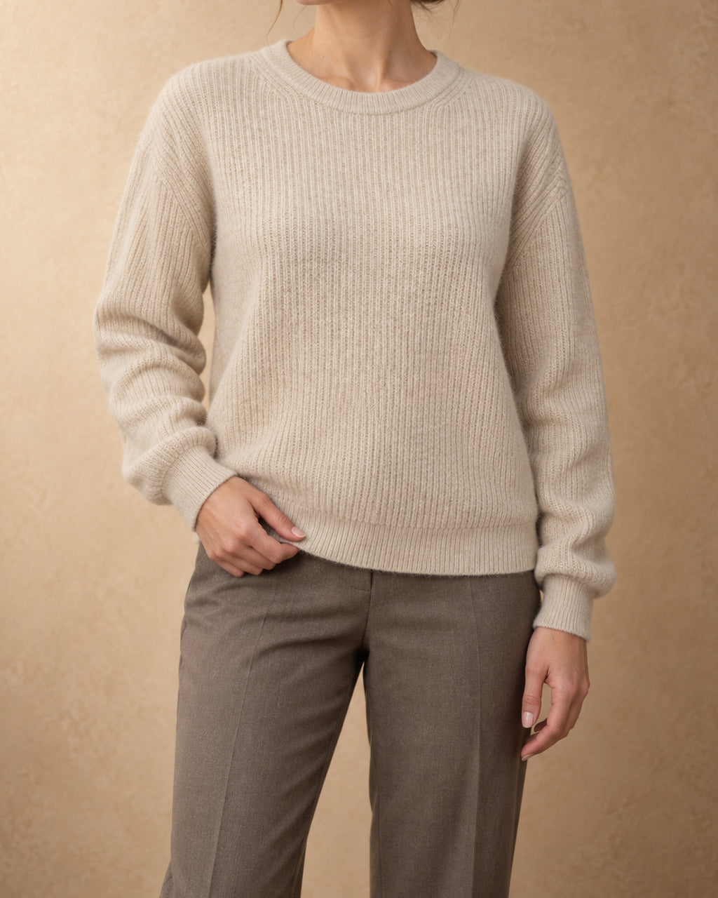 Ash Cashmere Ribbed Crew-Neck Sweater, Beige, front view