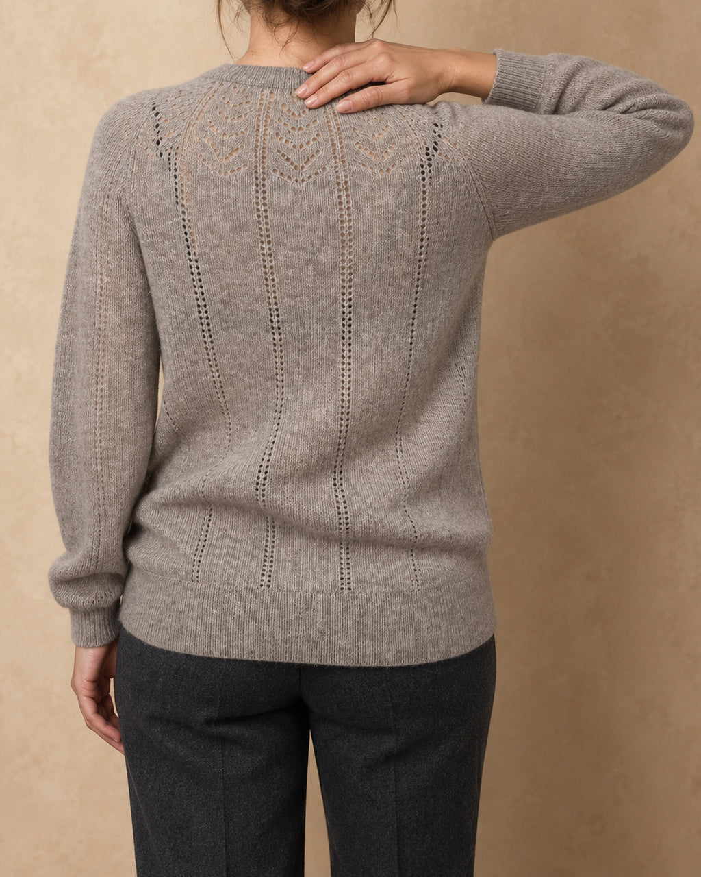 Fir Cashmere Pointelle Raglan Sweater, Grey, back view