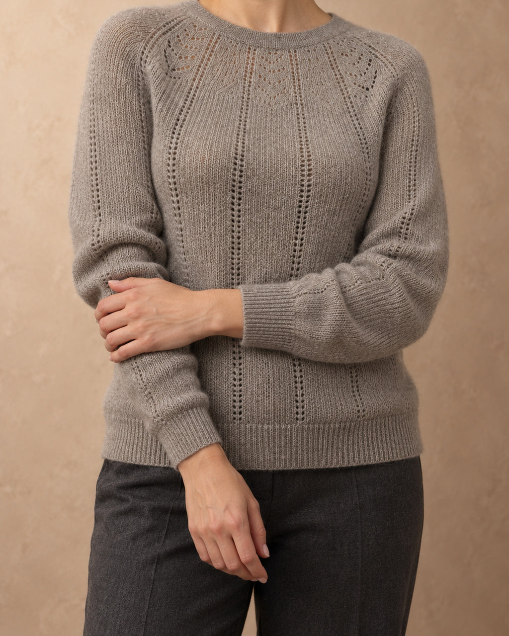 Fir Cashmere Pointelle Raglan Sweater, Grey, detail view