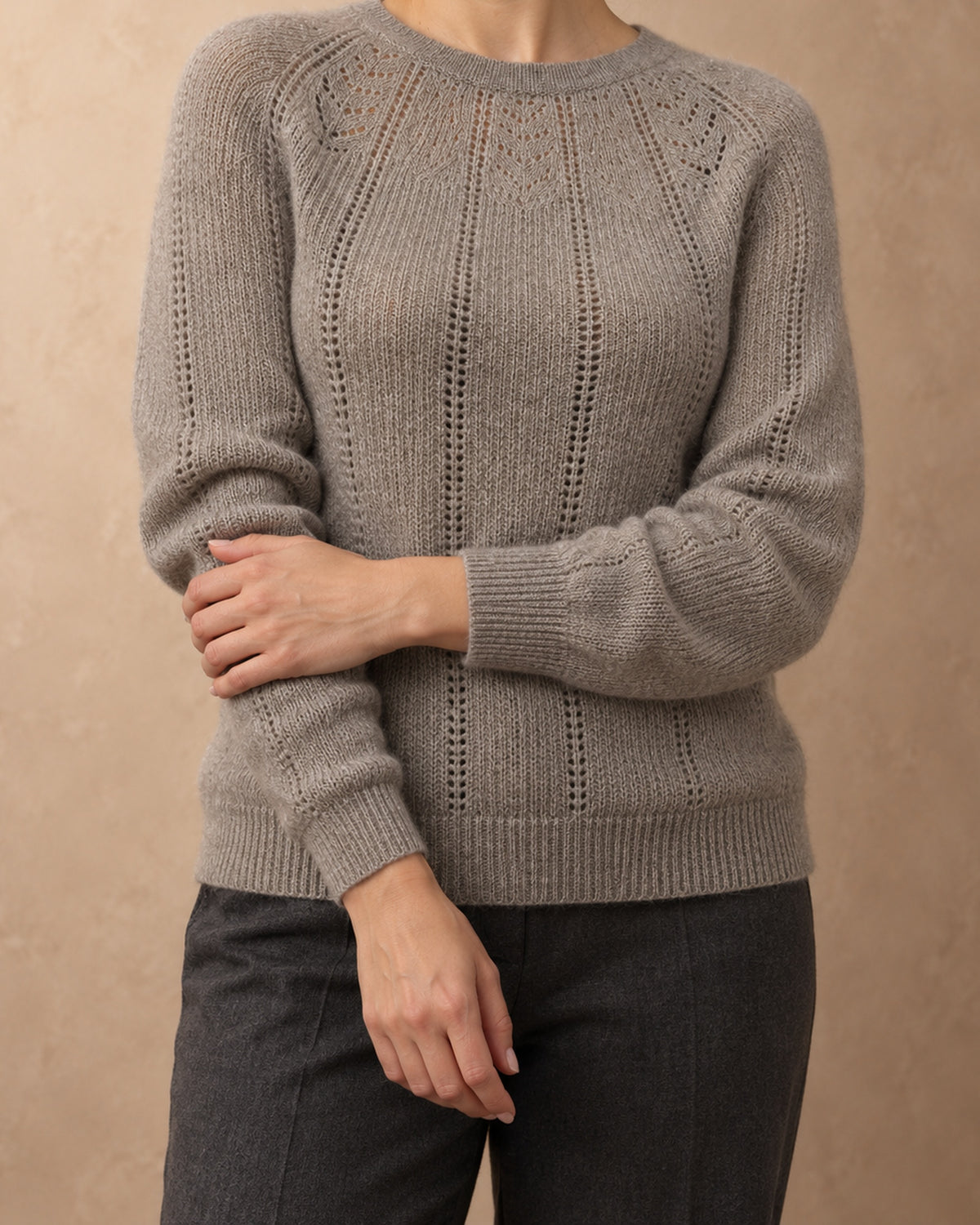 Fir Cashmere Pointelle Raglan Sweater, Grey, detail view