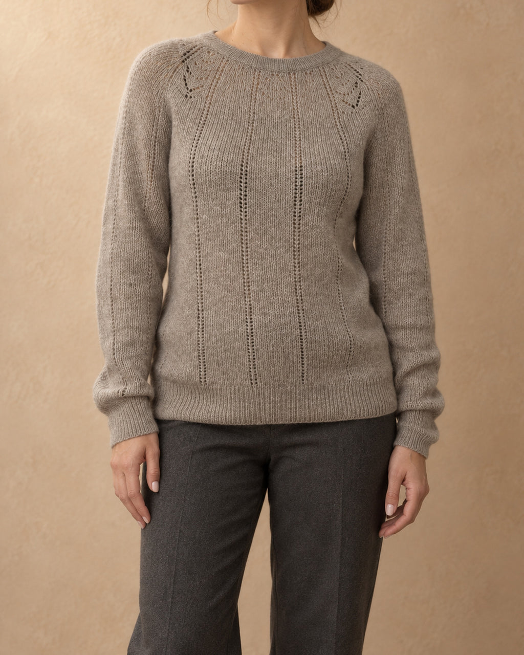 Fir Cashmere Pointelle Raglan Sweater, Grey, front view
