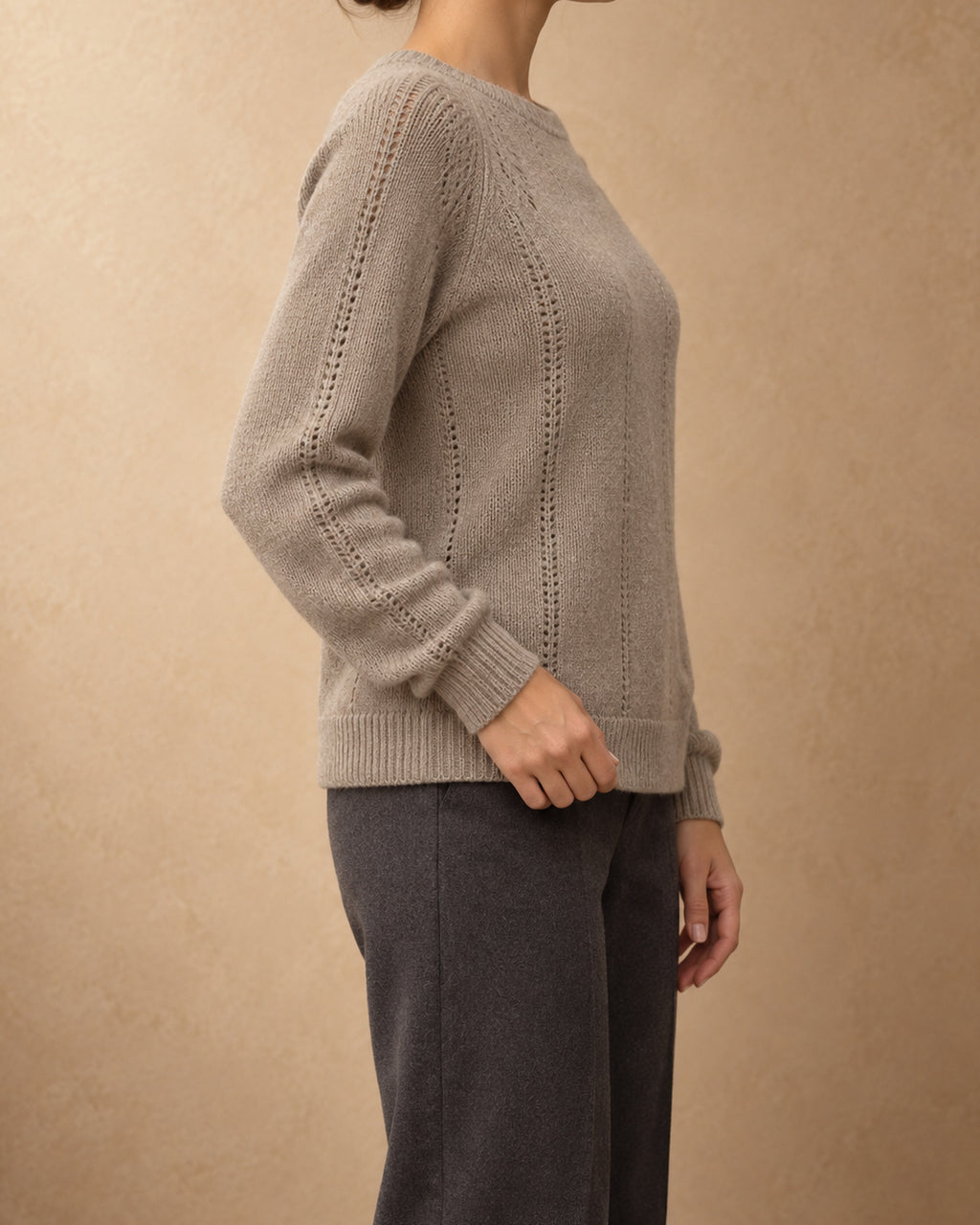 Fir Cashmere Pointelle Raglan Sweater, Grey, side view