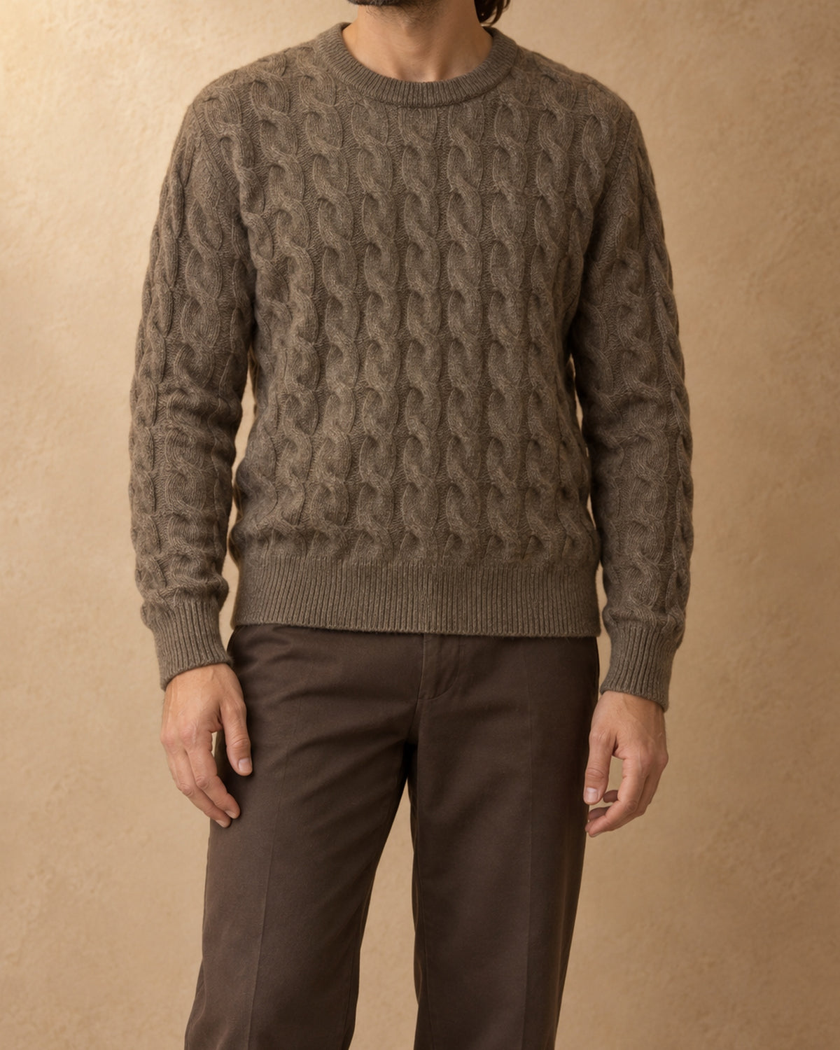 Hawk Cashmere Cable-Knit Sweater, Brown, front view