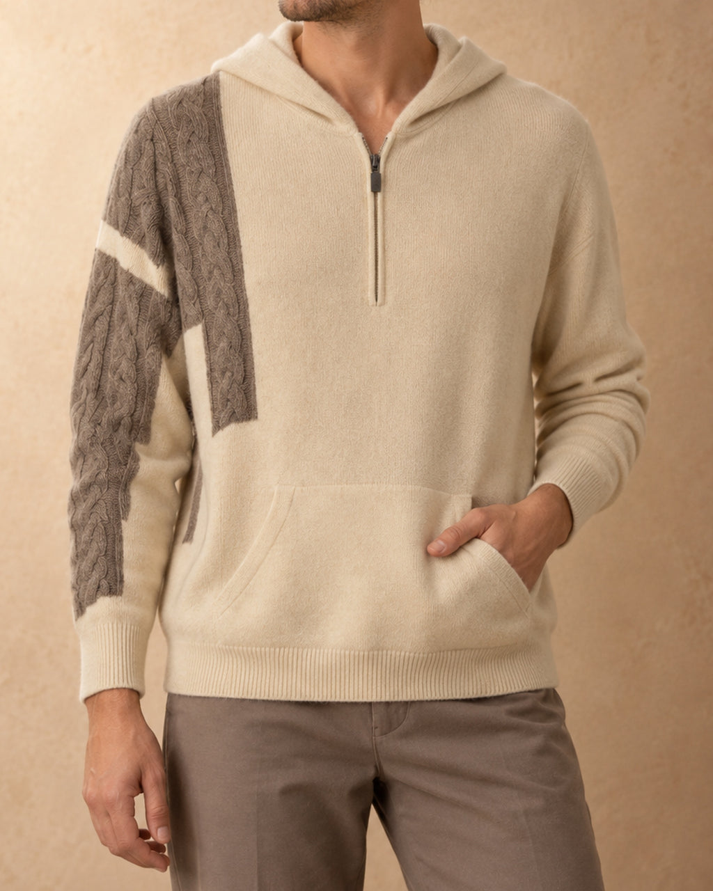 Nomrog Cashmere Half-Zip Hoodie, Cream-brown, front view