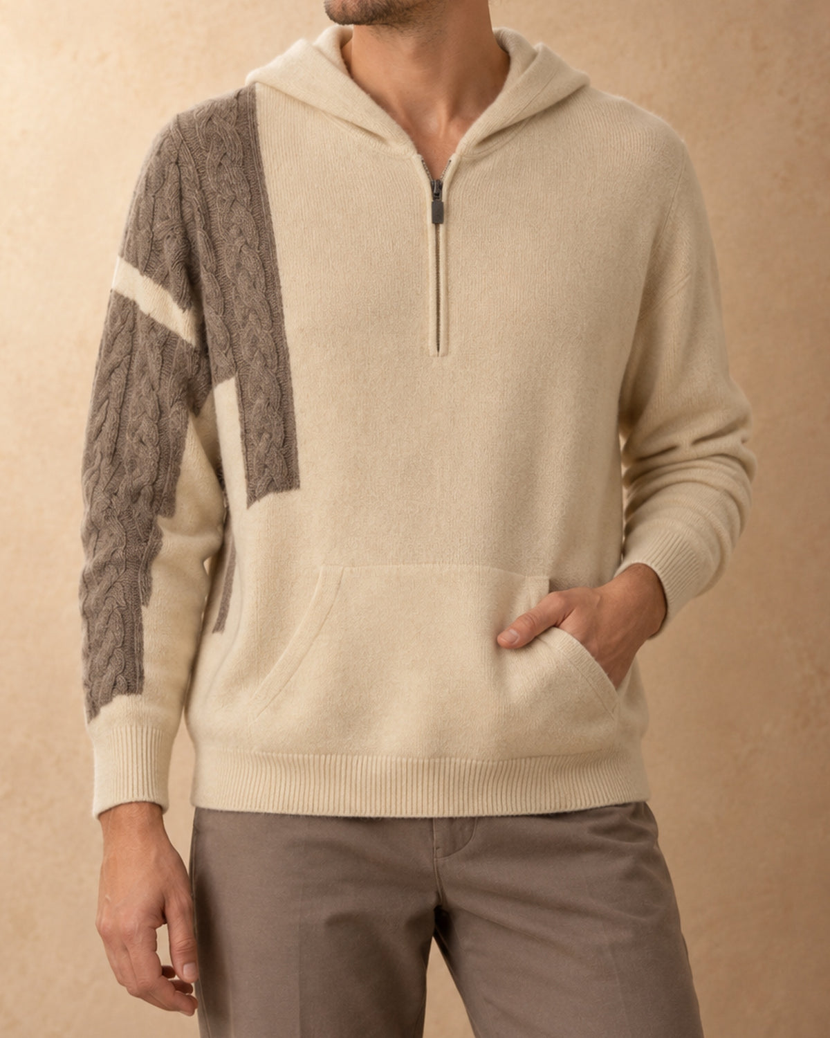 Nomrog Cashmere Half-Zip Hoodie, Cream-brown, front view